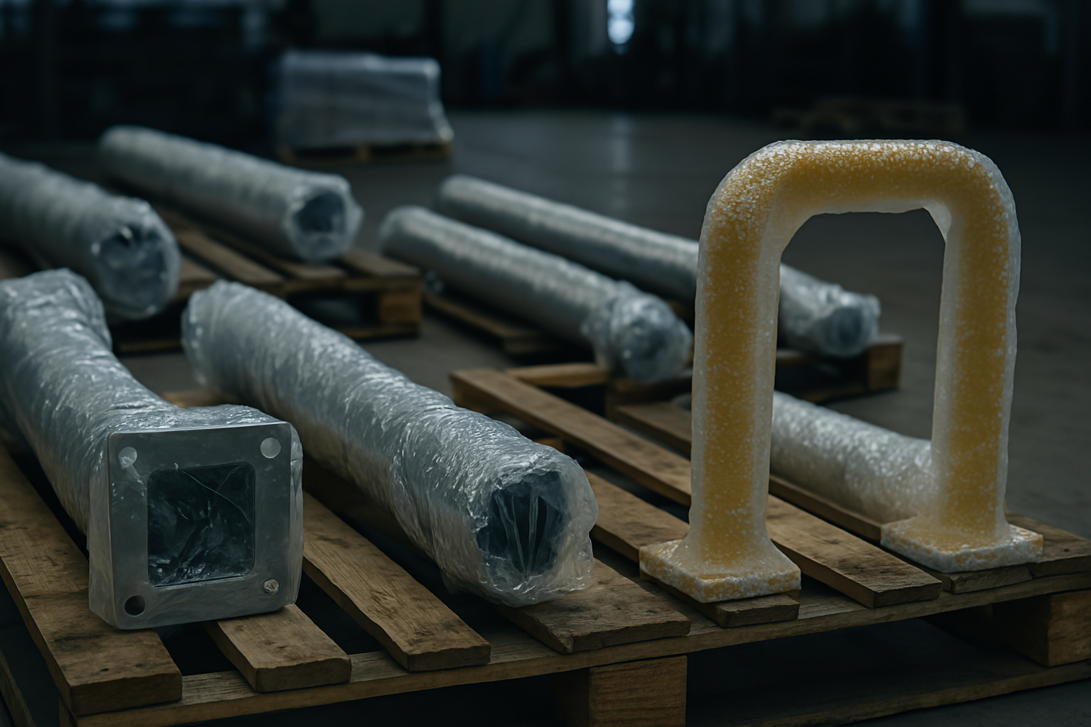 artykul-pakowanie-wyrobow-metalowych Zapakowane metalowe elementy na paletach w hali magazynowej – zabezpieczone folią i przygotowane do wysyłki.