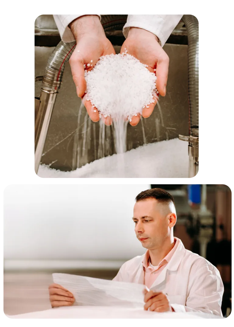 Proces produkcji pianki PE w Mac-Graf: na górnym zdjęciu dłonie trzymające granulki tworzywa sztucznego, na dolnym zdjęciu pracownik w białym kitlu kontroluje jakość gotowej pianki polietylenowej.