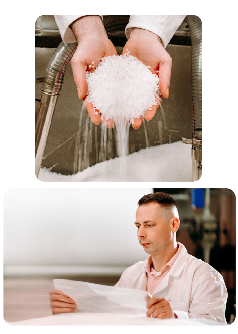 PE foam production process at Mac-Graf: the top image shows hands holding plastic granules, the bottom image shows an employee in a white lab coat inspecting the quality of the finished polyethylene foam.