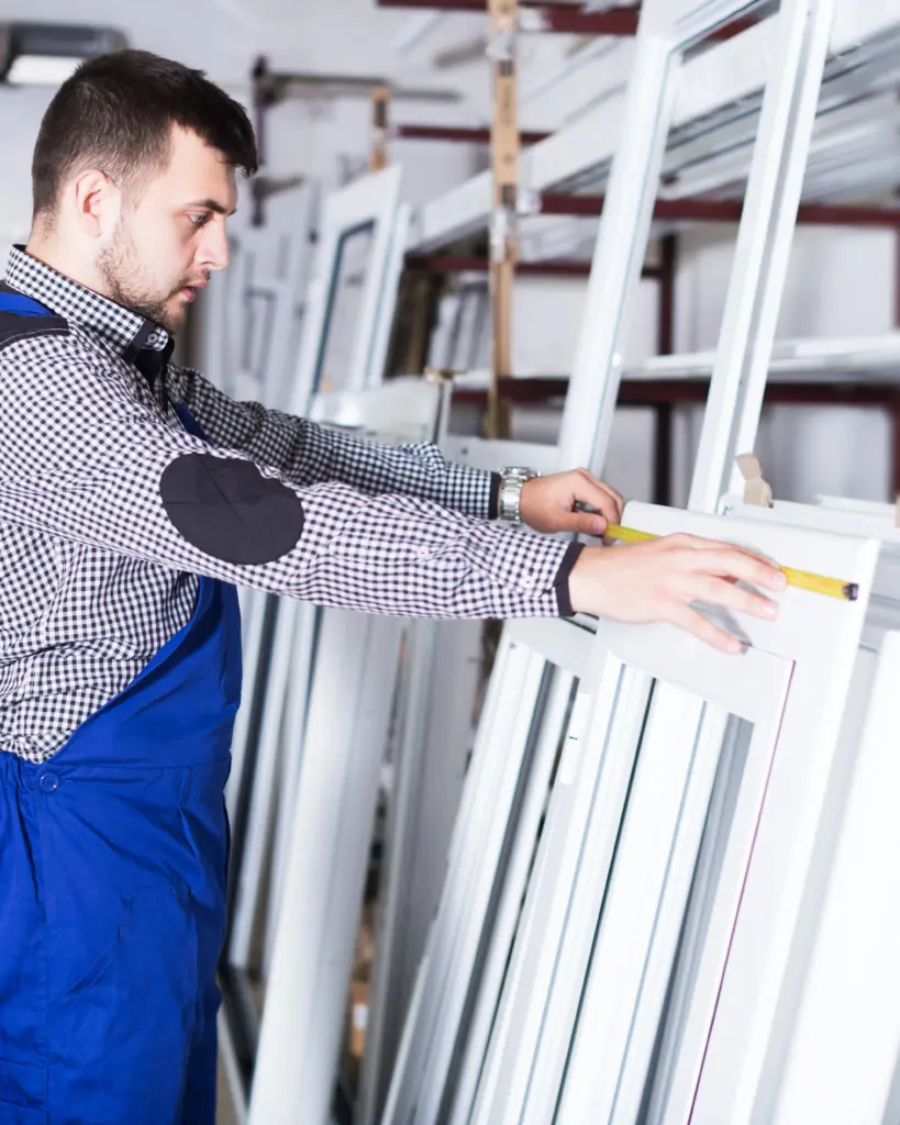 Warehouse worker measuring window frames during packaging or preparation process.