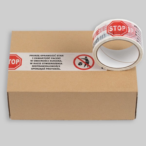 cardboard-box-with-warning-tape Cardboard box sealed with warning tape reading “Do not throw”, protecting the shipment.