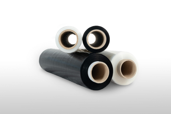 stretch-film-black-clear Black and clear stretch film rolls for securing loads and pallets.