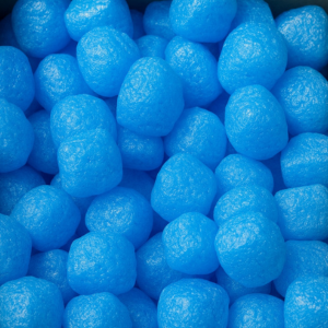 Blue cube-shaped biodegradable packing peanuts for parcel protection
