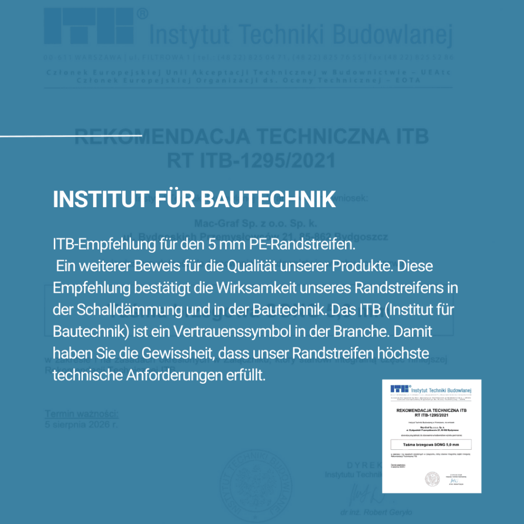 Zertifikat des Instituts für Bautechnik für das Randdämmstreifen 5 mm.