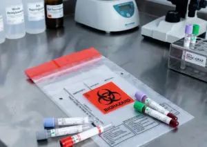 Zamknięty worek foliowy bioohazard na stole laboratorium