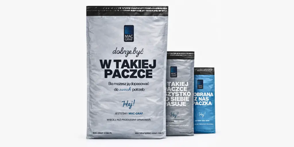Foliopaki kurierskie Mac-Graf w różnych rozmiarach z nadrukiem dopasowanym do marki; opakowania wysyłkowe do e-commerce