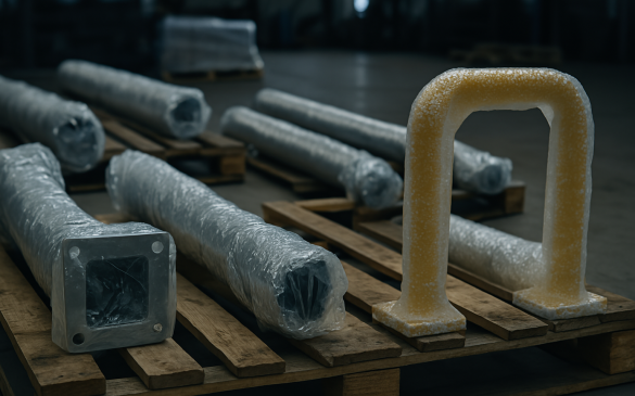 Zapakowane metalowe elementy na paletach w hali magazynowej – zabezpieczone folią i przygotowane do wysyłki.