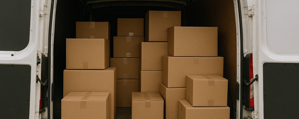 Load space optimisation – how to pack efficiently? Interior of a delivery van fully loaded with stacked cardboard boxes ready for transport.