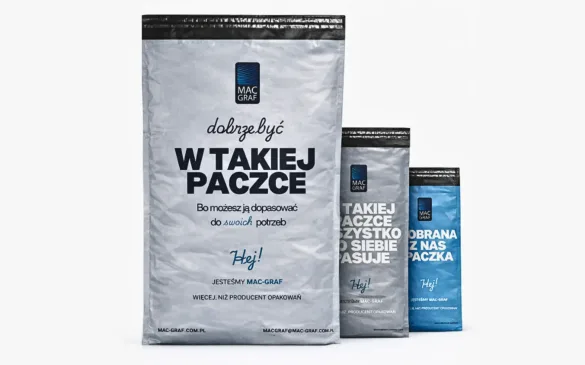Foliopaki kurierskie Mac-Graf w różnych rozmiarach z nadrukiem dopasowanym do marki; opakowania wysyłkowe do e-commerce